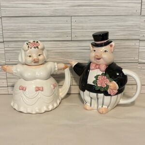Vintage Henriksen Imports Bride & Groom PIG Teapots Ceramic Wedding Tuxedo Gown